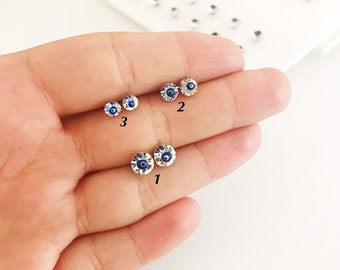 Evil eye stud earrings, silver evil eye studs, tiny earrings, minimalist ear studs, evil eye post earrings, crystal earrings, greek jewelry