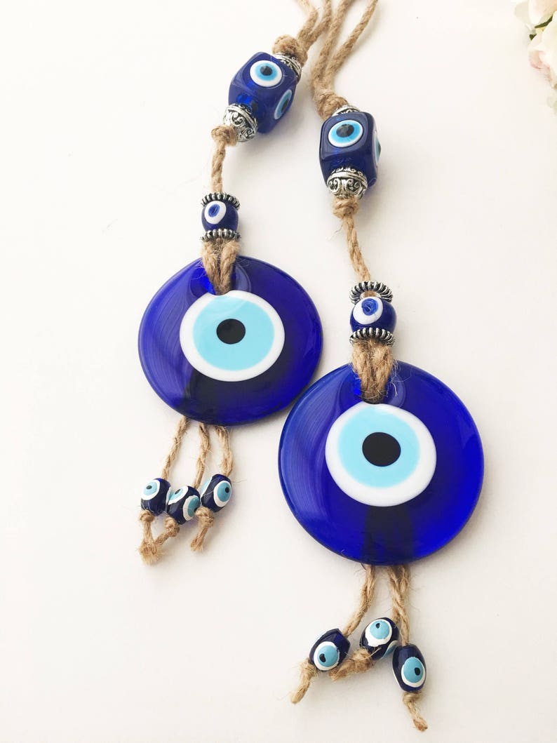 Evil eye home decor, evil eye wall hanging, turkish evil eye bead, blue glass evil eye beads, large evil eye wall hanging, macrame decor image 2