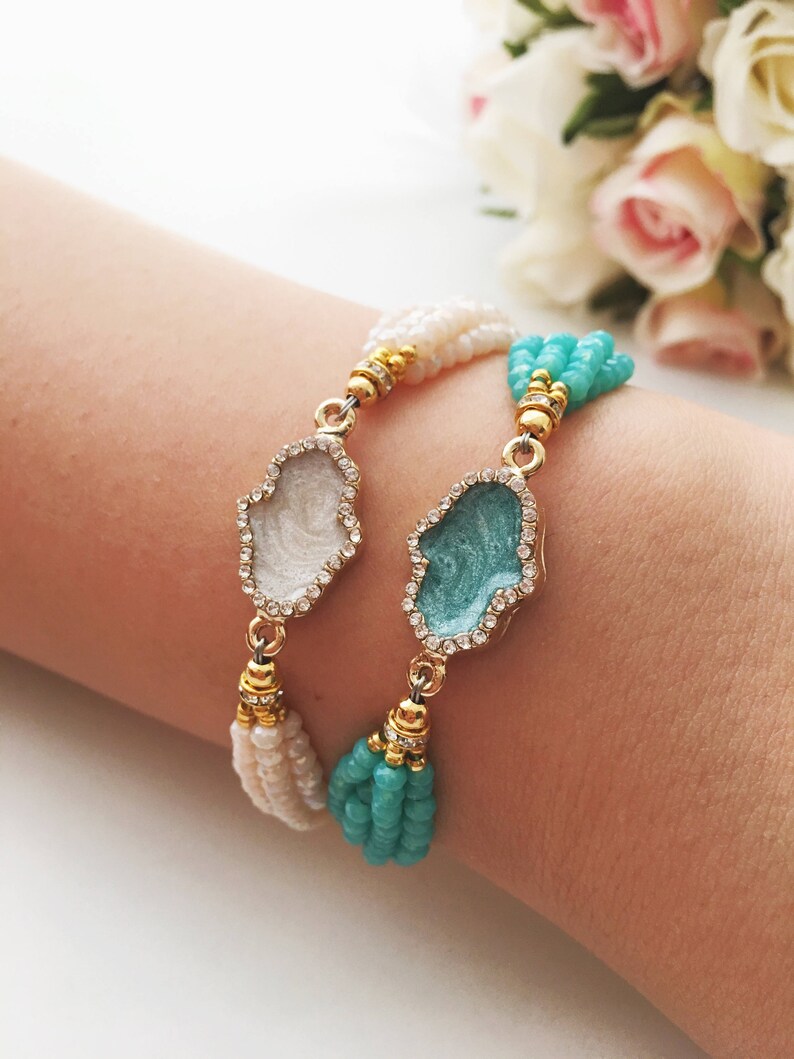 Hamsa Beaded Bracelet Mother of Pearl Hamsa Charm Bracelet Etsy