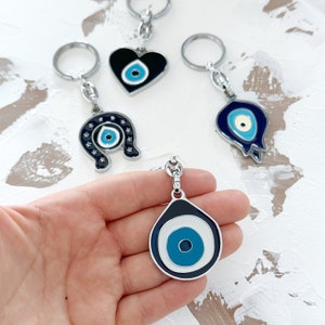 Greek Evil Eye Keychain, Blue Evil Eye, Birthday Gift Keychain, Evil Eye Keyring, Silver Keychain, Horseshoe Heart Tulip Keychains zdjęcie 3