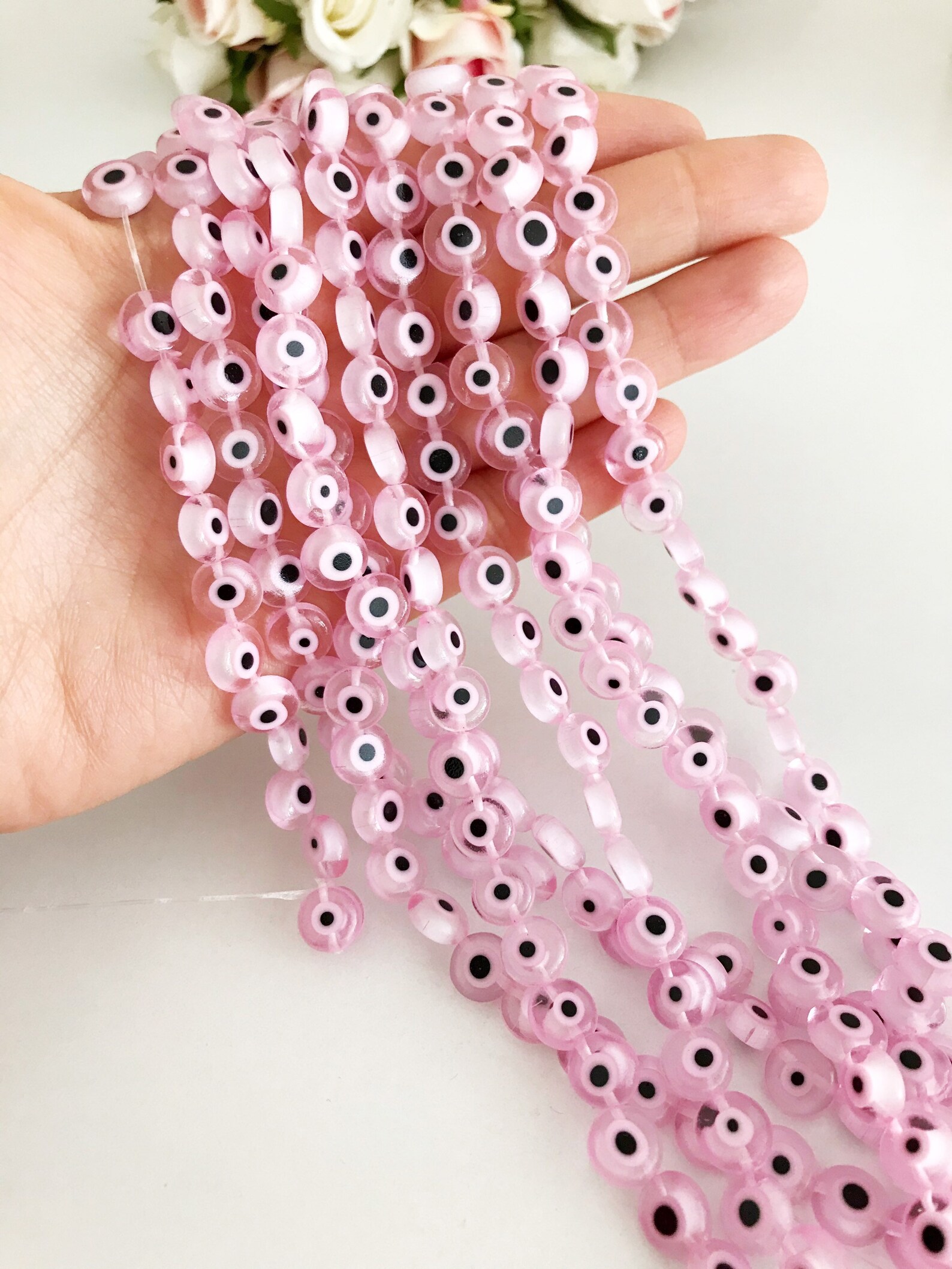 Flat Round Evil Eye Beads Pale Pink Evil Eye 8mm 10mm Glass Etsy