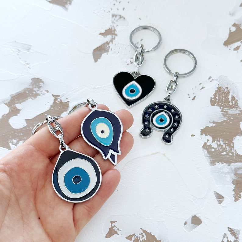 Greek Evil Eye Keychain, Blue Evil Eye, Birthday Gift Keychain, Evil Eye Keyring, Silver Keychain, Horseshoe Heart Tulip Keychains zdjęcie 1