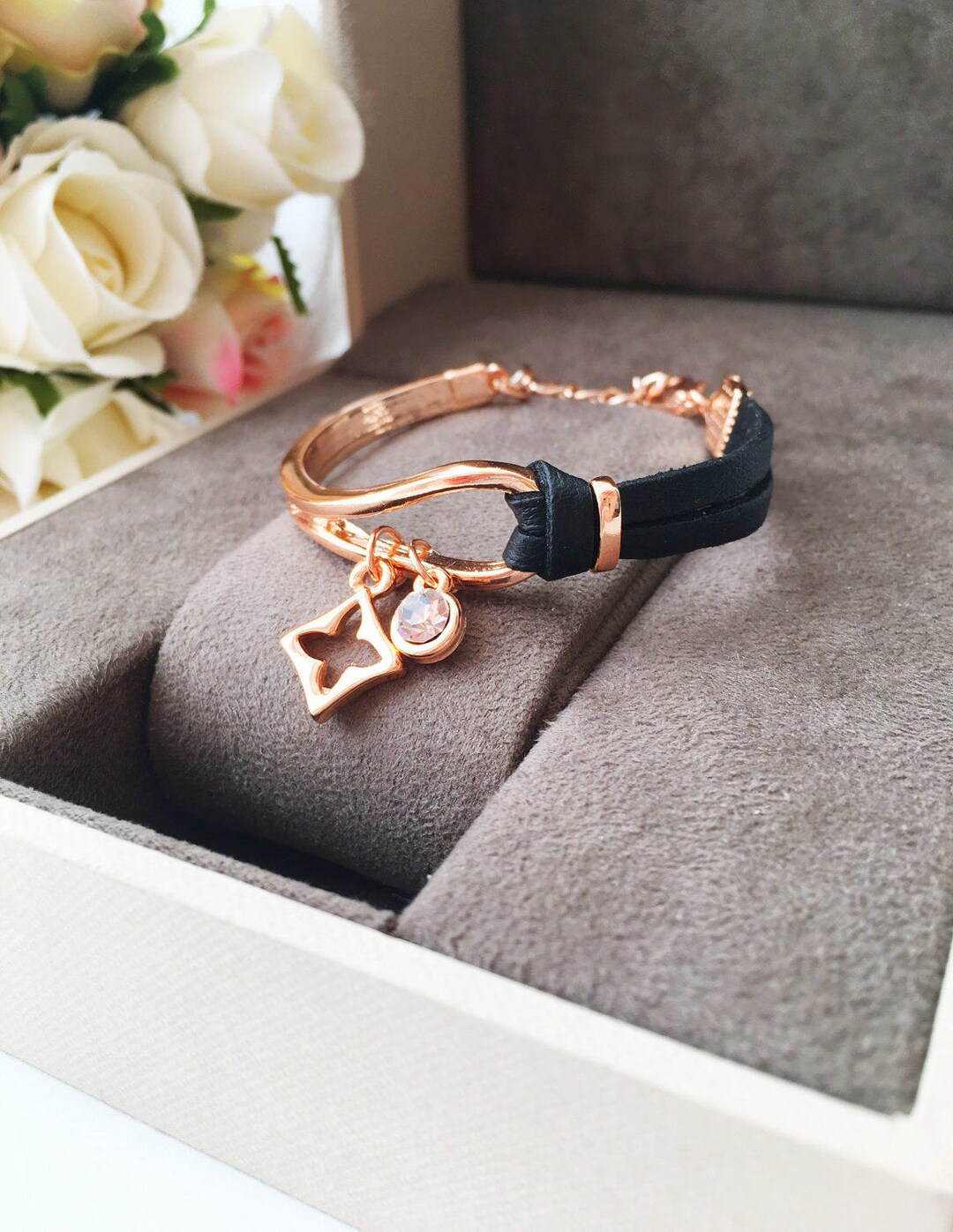 Rose Gold Leather Bracelet Black Leather Cuff Bracelet Etsy