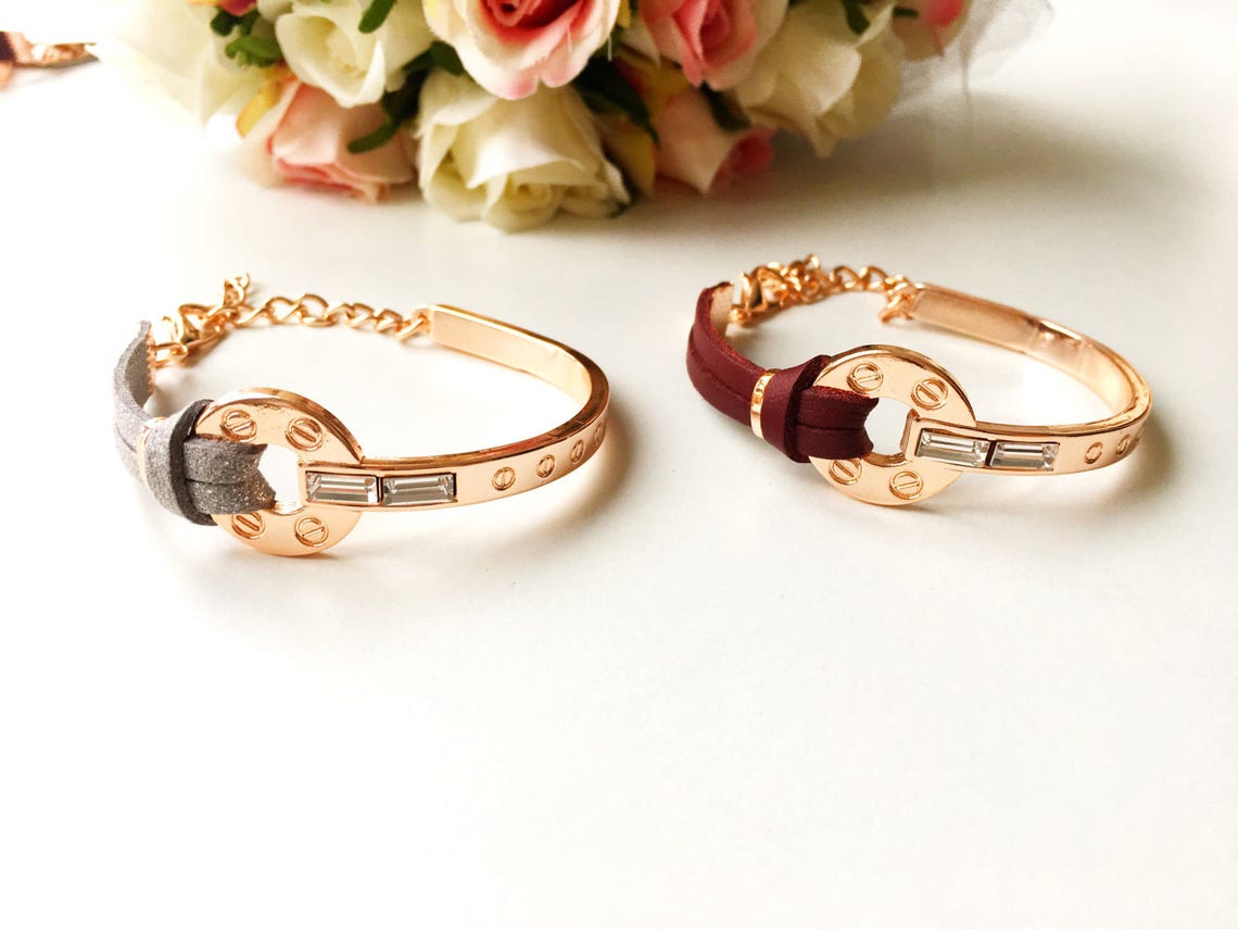 Rose Gold Leather Bracelet Red Grey Leather Cord Bracelet Etsy