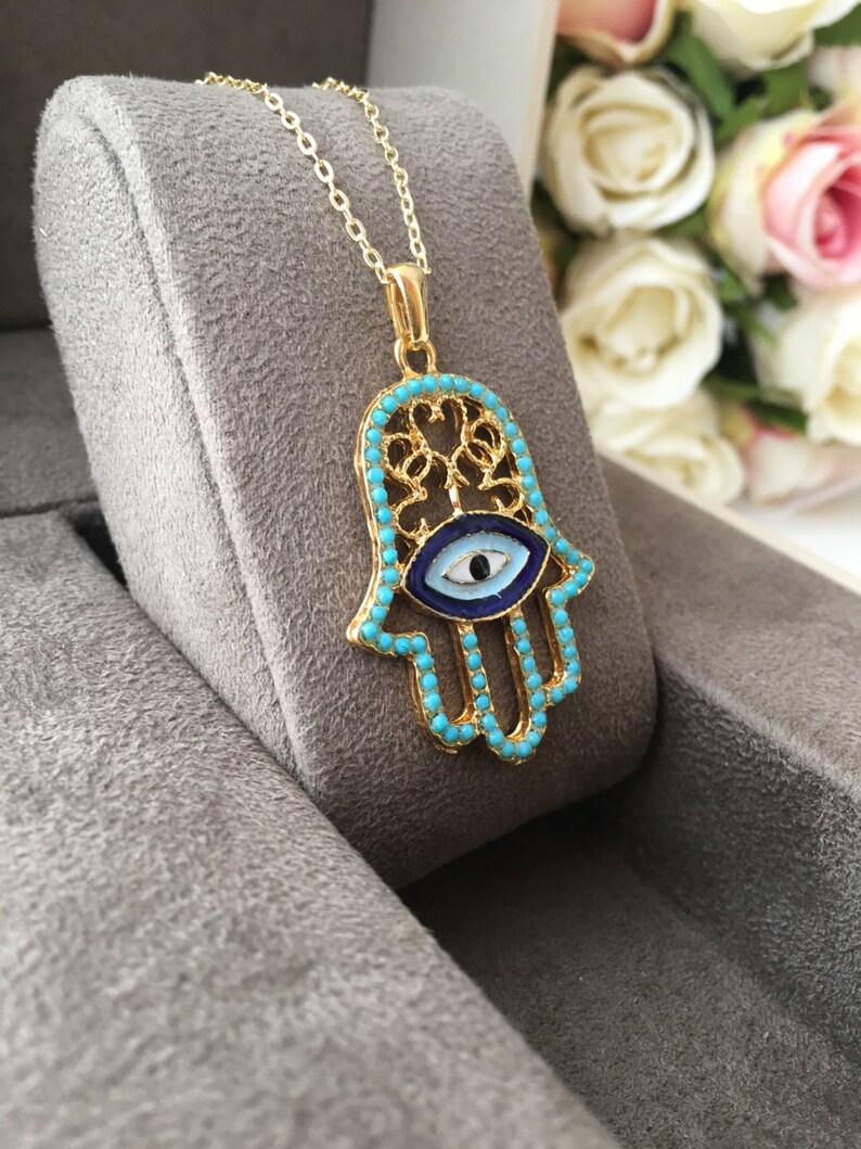 turquoise bead hamsa necklace evil eye necklace evil eye jewelry gold plated necklace hamsa hand necklace Hamsa Evil eye necklace