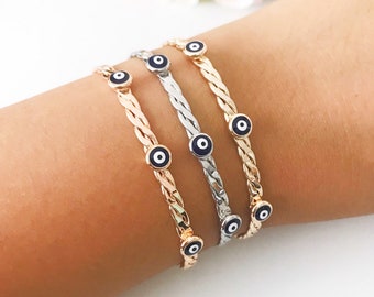 Evil eye bracelet, cuff bracelet, evil eye bangle bracelet, knitting braceletc blue evil eye bead, gold silver bracelet, evil eye jewelry