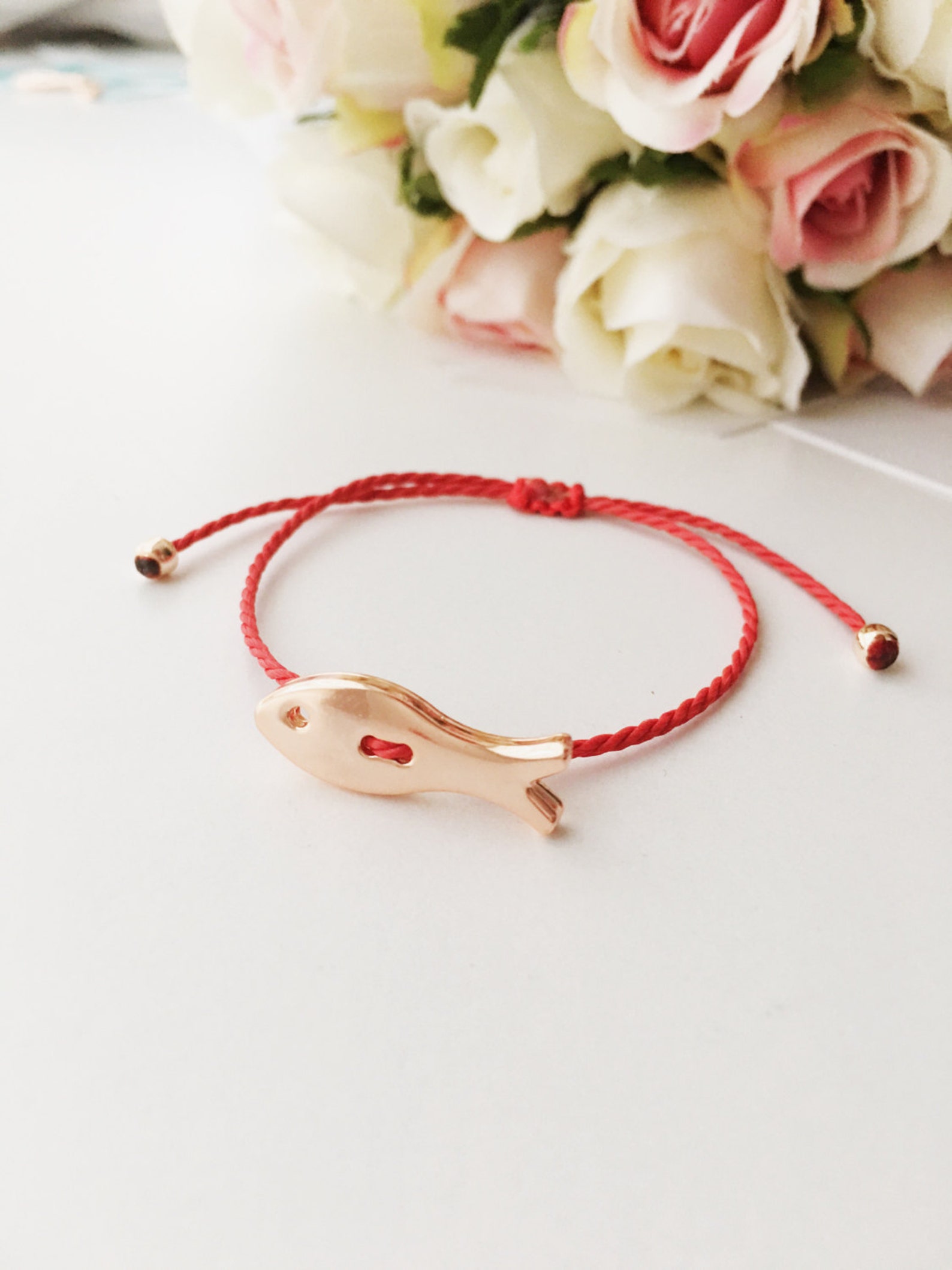Tiny Fish Bracelet Red String Bracelet Rose Gold Bracelet Etsy