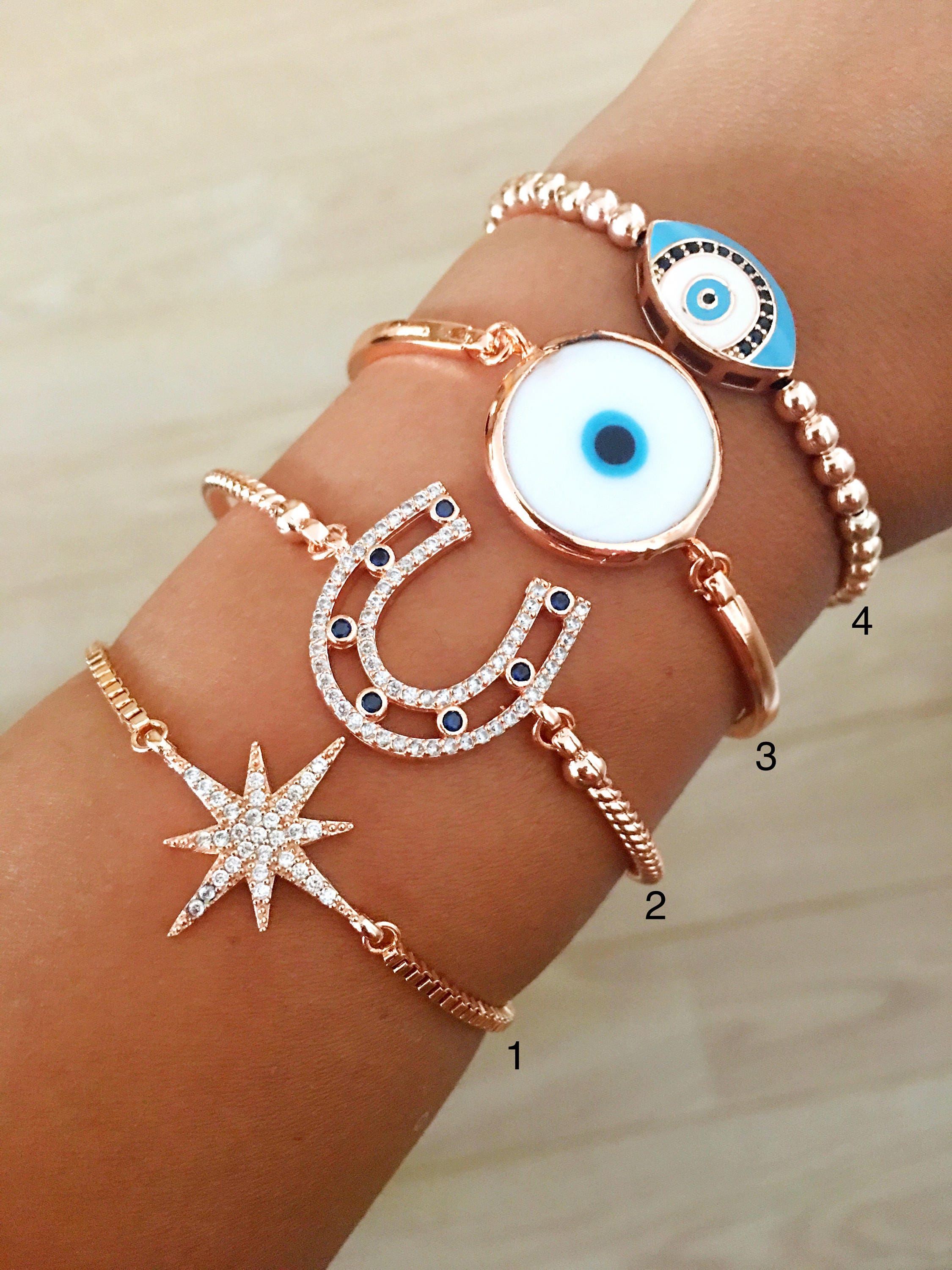 Evil Eye Bracelet Rose Gold Bracelet Horseshoe Bracelet Etsy