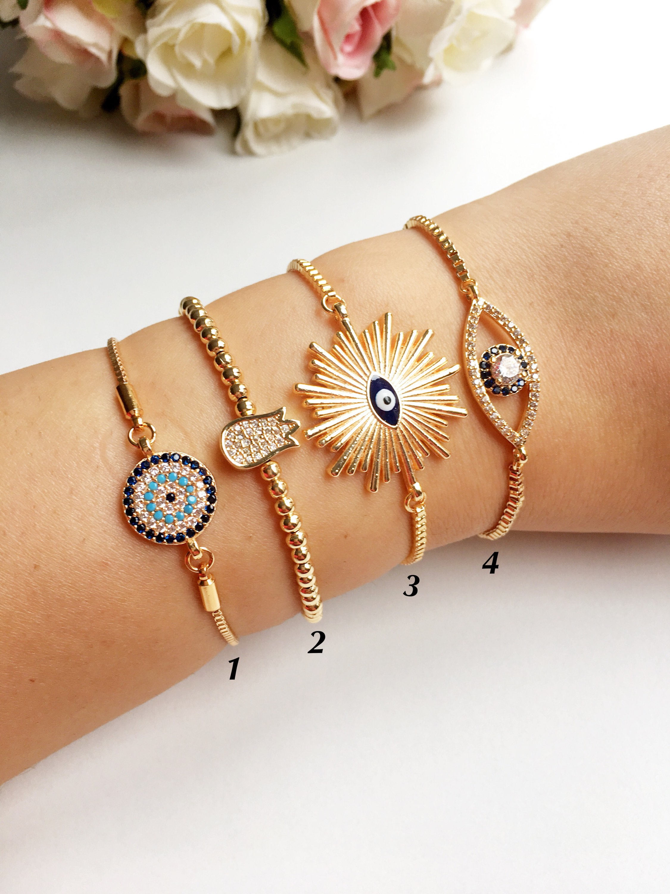 Gold evil eye bracelet blue evil eye charm bracelet Etsy