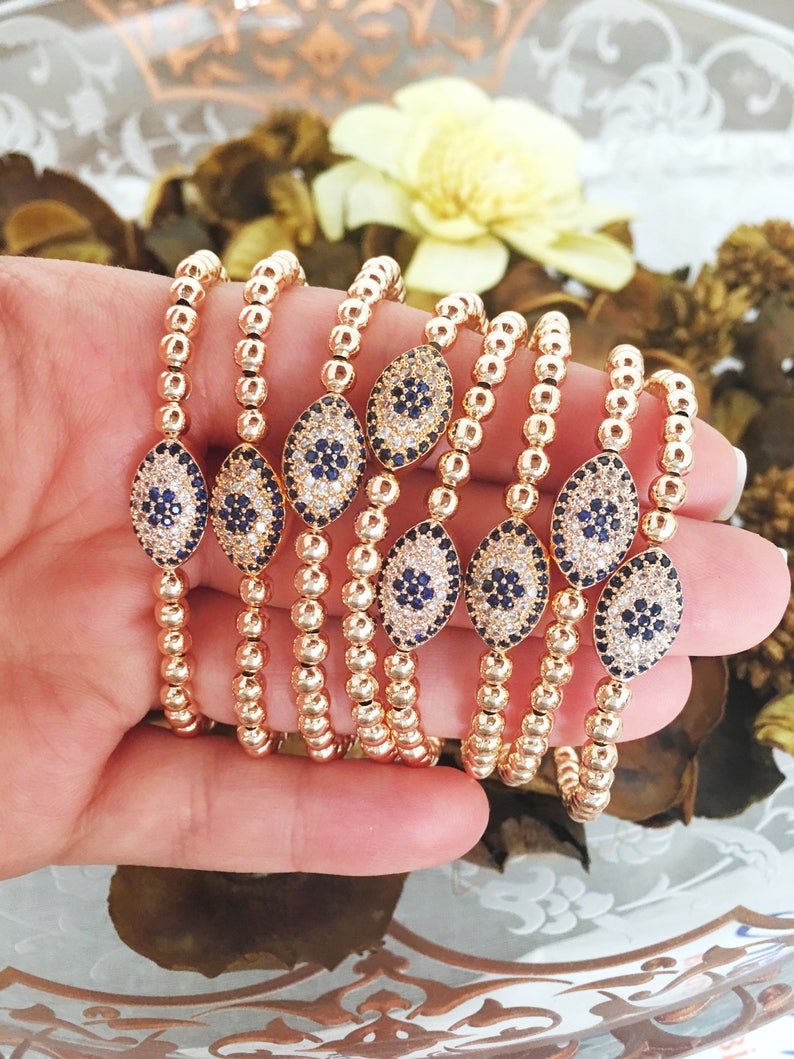 Evil Eye Bracelet Rose Gold Bracelet Evil Eye Beaded Etsy