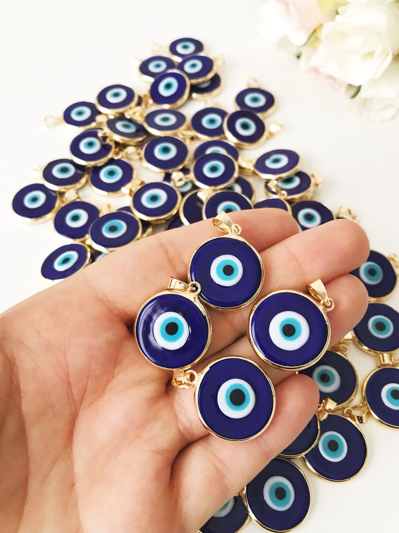 Blue evil eye bead, bulk, murano glass beads, evil eye pendant, evil eye charm, gold evil eye charm, 24K gold frame, malocchio, gold pendant image 9