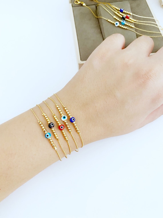 Tiny Gold Evil Eye Bracelet Gold Beaded Bracelet Blue Evil Eye