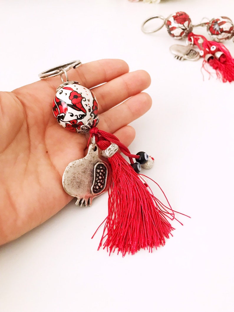 Evil eye keychain, pomegranate keychain, evil eye bag accessories, ceramic evil eye key chaim, red tassel keychain, silver pomegranate charm image 8