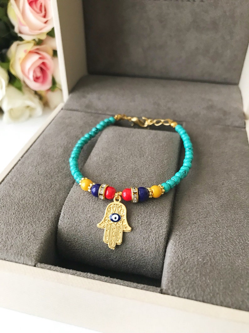 Evil Eye Bracelet Hamsa Charm Bracelet Turquoise Beaded Etsy