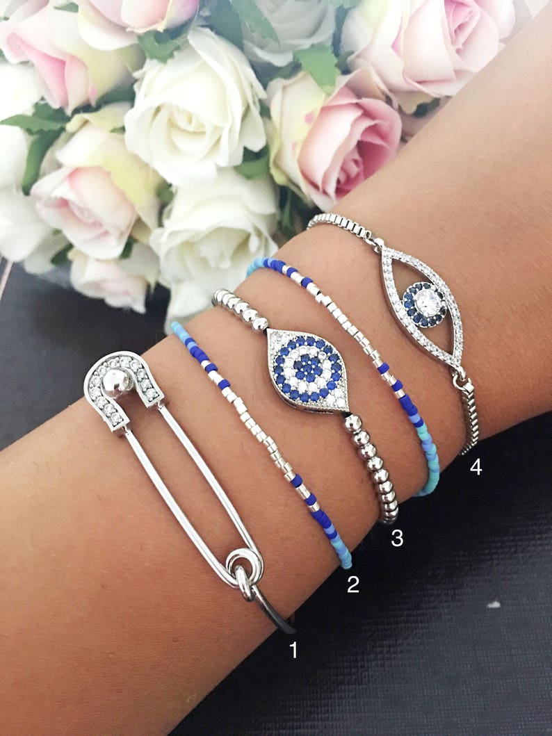 Silver Evil Eye Bracelet Safety Pin Bracelet Zirconia Evil Etsy