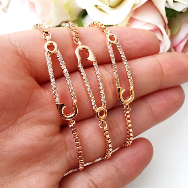 Gold safety pin bracelet, adjustable bracelet safety pin, rose gold safety pin jewelry, safety pin zirconia bracelet, zirconia jewelry