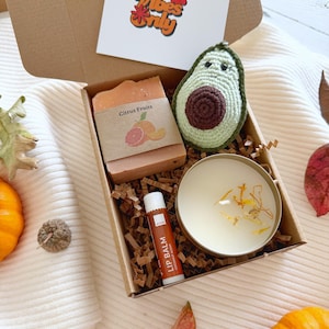 May include: A cardboard gift box containing a bar of Citrus Fruits soap, a crocheted avocado plush, a round tin candle with dried petals, and an Avon coconut scent lip balm. A card inside the lid features the text Good Vibes Only.