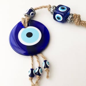 Evil eye home decor, evil eye wall hanging, turkish evil eye bead, blue glass evil eye beads, large evil eye wall hanging, macrame decor image 7