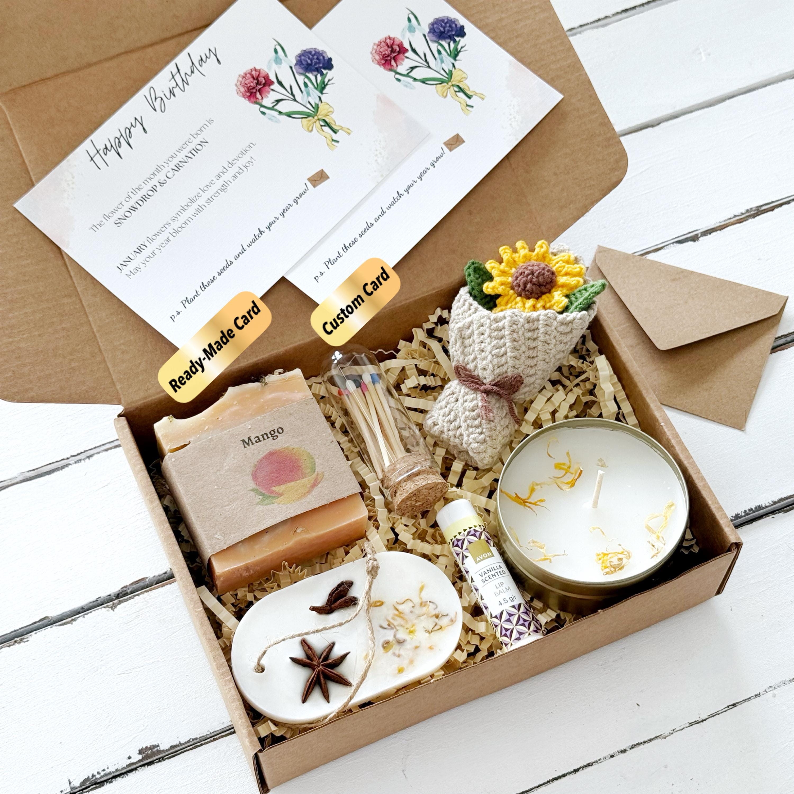 Personalized Birth Flower Gift Box - Self Care Gift w/ Custom or Ready-Made Card, Soy Candle, Crochet - Birthday Gift for Her, Best Friend