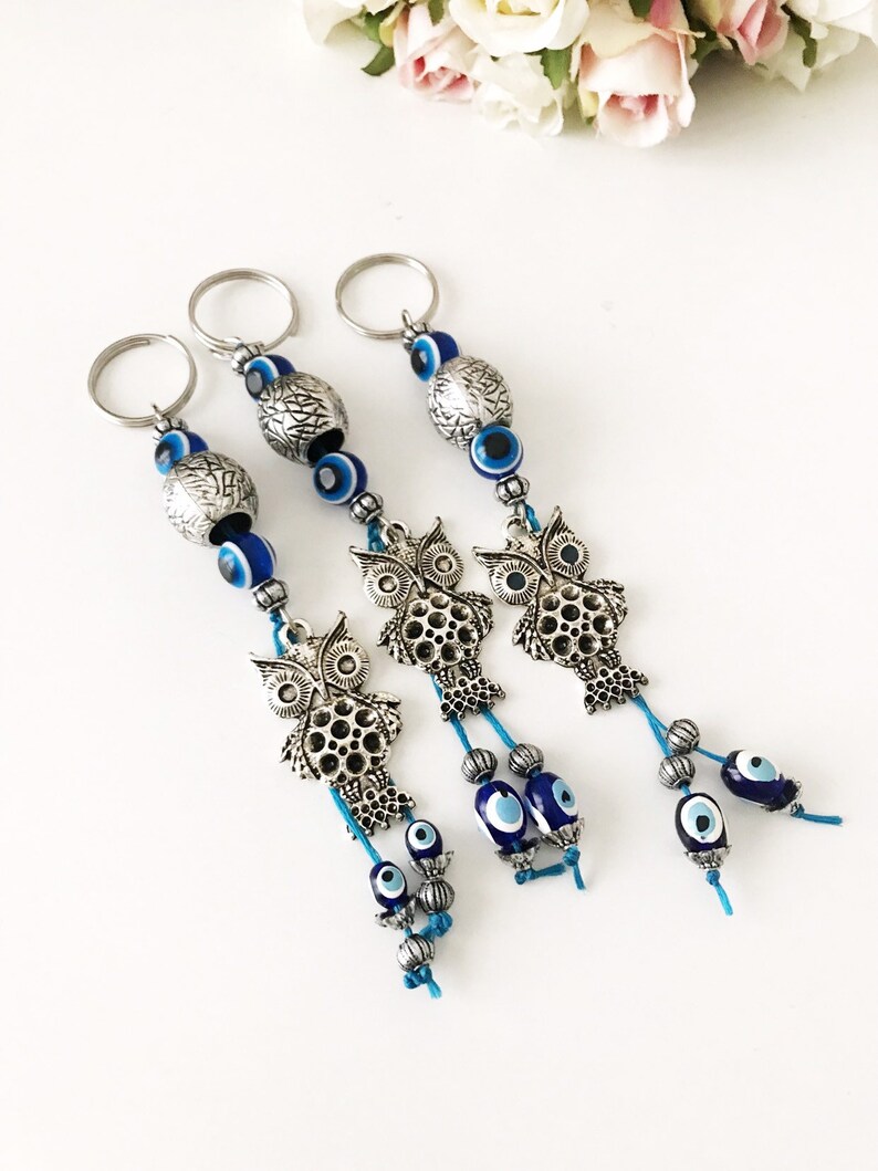 evil eye keychain owl keyring Owl keychain blue evil eye beads keychain evil eye owl keychain evil eye keyring silver owl keychain