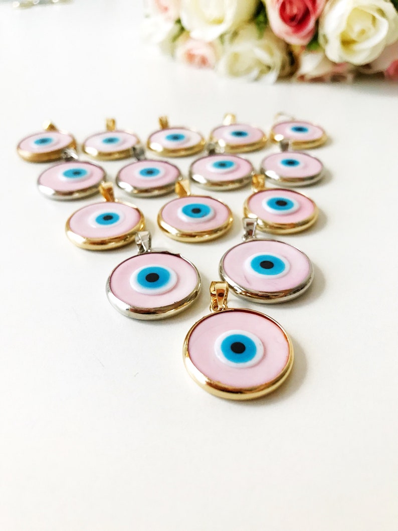 Evil eye bead, pink evil eye bead, murano bead, glass evil eye bead, pink evil eye pendant, gold silver charm, evil eye necklace charm image 8