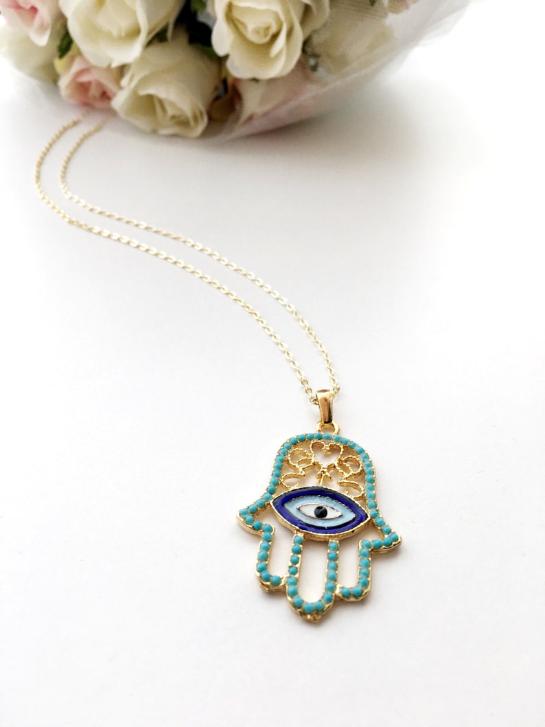turquoise bead hamsa necklace evil eye necklace evil eye jewelry gold plated necklace hamsa hand necklace Hamsa Evil eye necklace