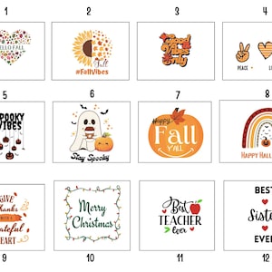 May include: A collection of twelve rectangular graphic designs featuring seasonal themes including autumn leaves, pumpkins, ghosts, Christmas lights, and text phrases like Hello Fall, Spooky Vibes, Happy Halloween, Merry Christmas, and Best Teacher Ever.