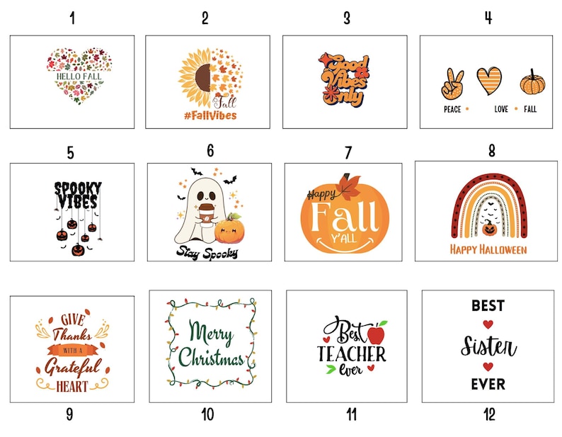 May include: A collection of twelve rectangular graphic designs featuring seasonal themes including autumn leaves, pumpkins, ghosts, Christmas lights, and text phrases like Hello Fall, Spooky Vibes, Happy Halloween, Merry Christmas, and Best Teacher Ever.
