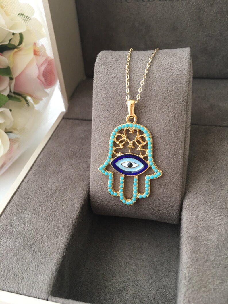turquoise bead hamsa necklace evil eye necklace evil eye jewelry gold plated necklace hamsa hand necklace Hamsa Evil eye necklace