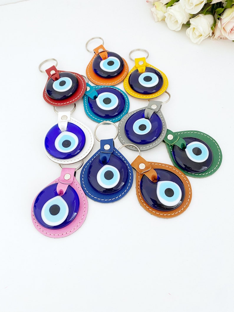 Blue Evil Eye Keychain, Leather Keychain, Evil Eye Keyring, Turkish Evil Eye, Lucky Evil Eye Key Chain, New Home Gidt, Good Luck Charm, Faux image 4