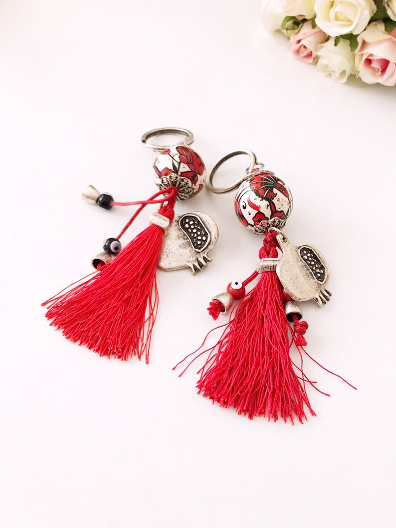 Evil eye keychain, pomegranate keychain, evil eye bag accessories, ceramic evil eye key chaim, red tassel keychain, silver pomegranate charm image 7