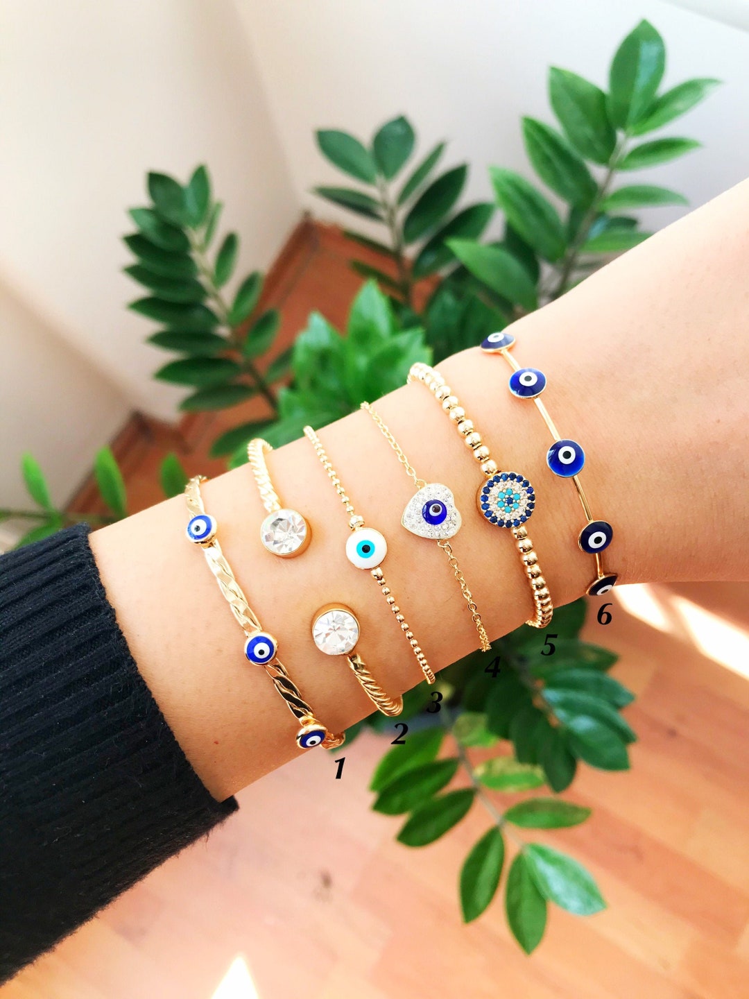 Rose Gold Chain Bracelet, Evil Eye Clover Charm Bracelet, Turkish Jewelry Blue