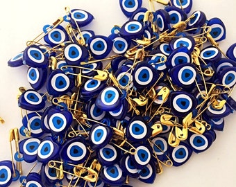 Unique wedding favor - safety pins- 100 pcs - resin evil eye beads - tiny evil eye safety pins - nazar boncuk - baby shower favor - turkish