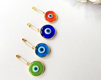 28mm Lucky evil eye safety pin, protection for baby, gold plated evil eye pins, baby boy gift pin, baby shower gift, stroller