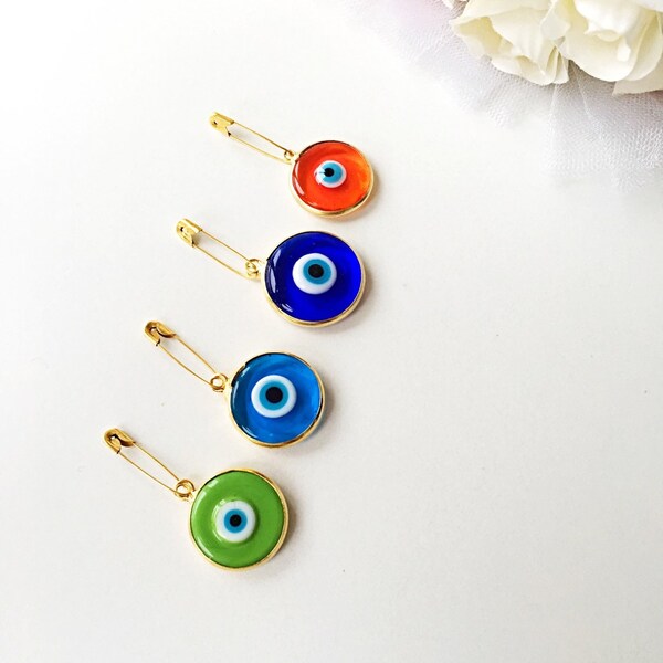 28mm Lucky evil eye safety pin, protection for baby, gold plated evil eye pins, baby boy gift pin, baby shower gift, stroller