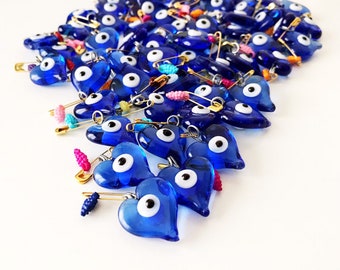 Unique wedding favors 100 pcs, glass evil eye bead, greek wedding favors, evil eye safety pins, baby shower favors, turkish evil eye bead