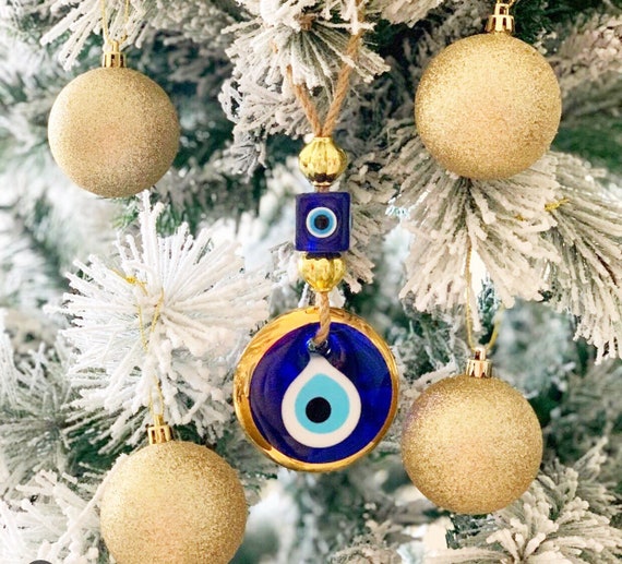 Handmade Evil Eye Glass Wall Hanging Gold Detail Design with Macrame Home Decor Accents Ornament for Christmas Home Protection Charm