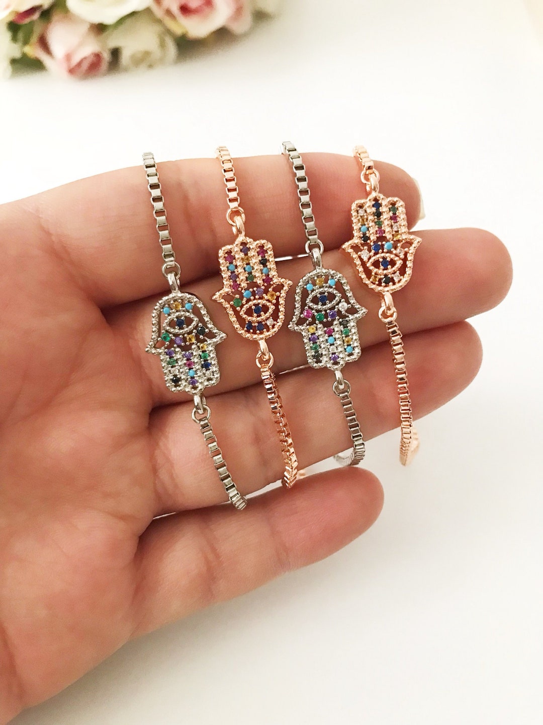Hamsa Bracelet, Hamsa Charm Bracelet, Hamsa Hand Jewelry, Adjustable Bracelet, Rose Gold