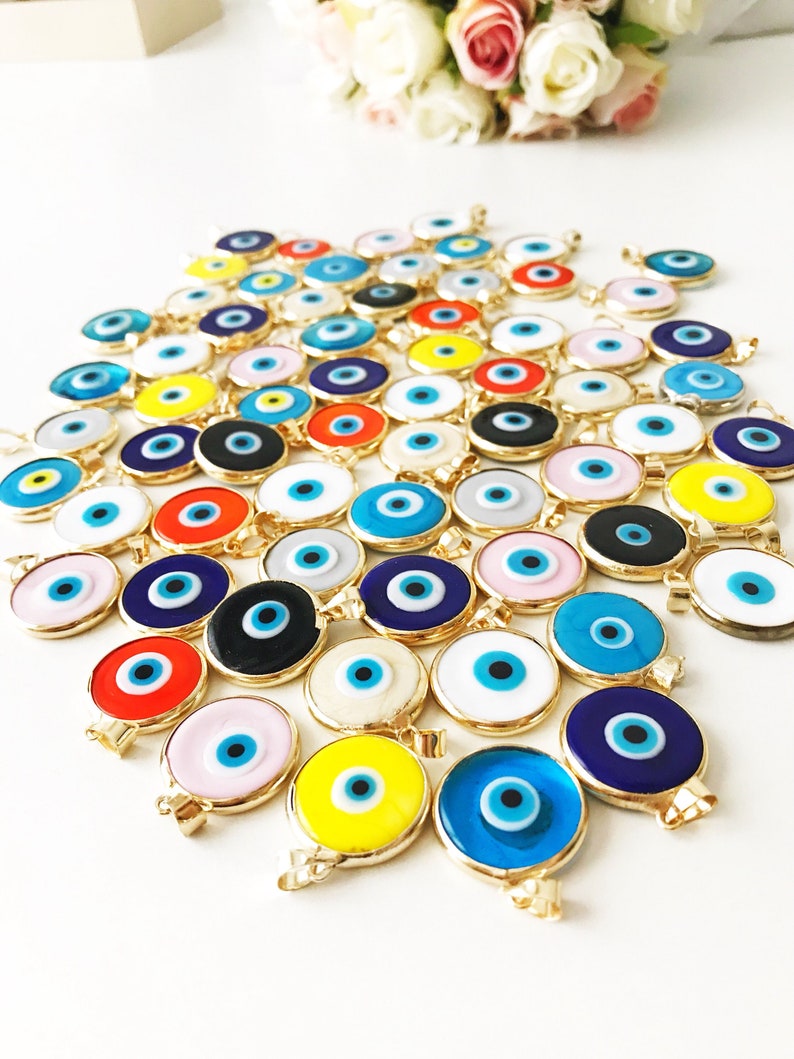 evil eye bead, bulk, murano glass beads, evil eye pendant, evil eye charm, gold evil eye charm, 24K gold frame, malocchio, gold pendant image 1