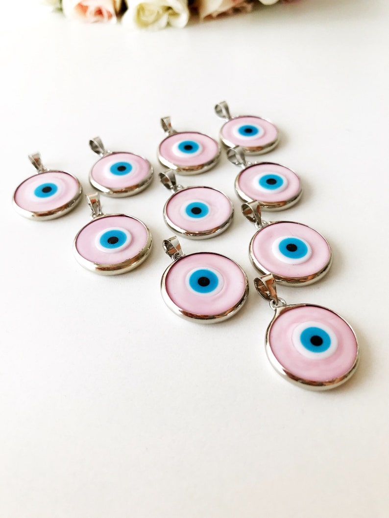 Evil eye bead, pink evil eye bead, murano bead, glass evil eye bead, pink evil eye pendant, gold silver charm, evil eye necklace charm image 9
