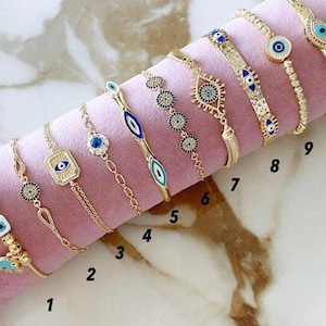 Gold Evil Eye Bracelet, Gold Cuff Bracelet, Christmas Bracelet for Her, Evil Eye Protective Accessory for Girl, Stacking Bracelet SET