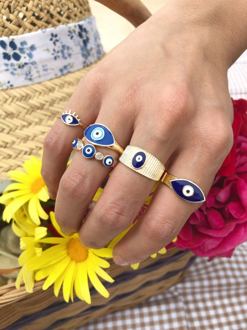 Blue Evil Eye Ring, Gold Adjustable Ring, Delicate Ring Gifts for Women Girls, Greek Ring image 3