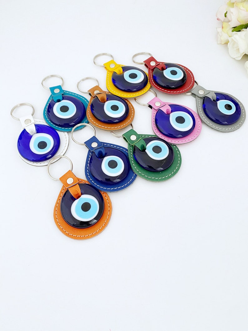 Blue Evil Eye Keychain, Leather Keychain, Evil Eye Keyring, Turkish Evil Eye, Lucky Evil Eye Key Chain, New Home Gidt, Good Luck Charm, Faux image 2