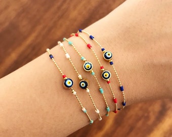 Pulsera de mal de ojo, pulsera de encanto de mal de ojo, pulsera de cuentas de semillas, joyería de mal de ojo, pulsera de cuentas azules, cuentas de miyuki, pulsera de joyería griega