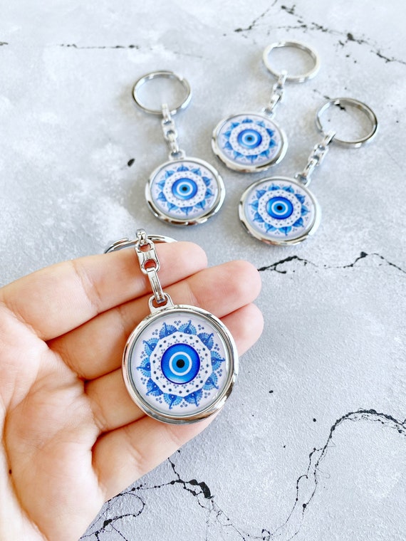 Silver Keychain, Greek Evil Eye Keychain, Brass Keyring, Turkish Evil Eye  Key Chain 