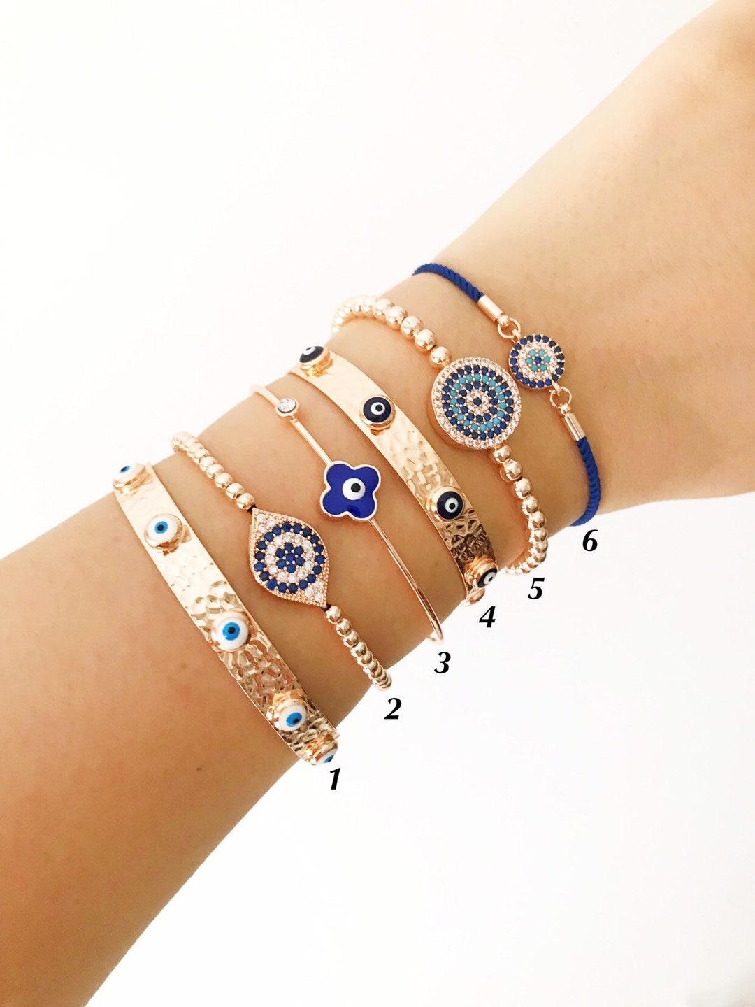 Blue Evil Eye Bracelet, Evil Eye Cuff Bracelet, Rose Gold Chain