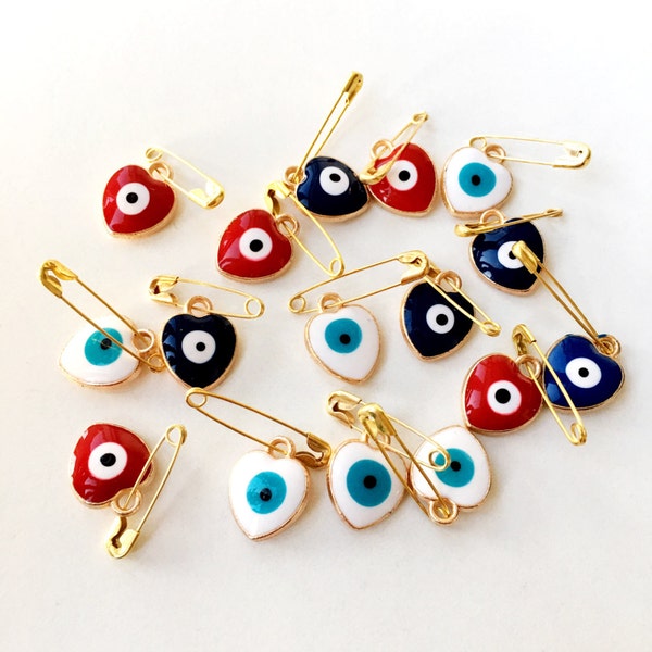 5 pcs Evil eye safety pin, heart shaped evil eye safety pin, baby shower gift, evil eye stroller, good luck charm pin, baby protection