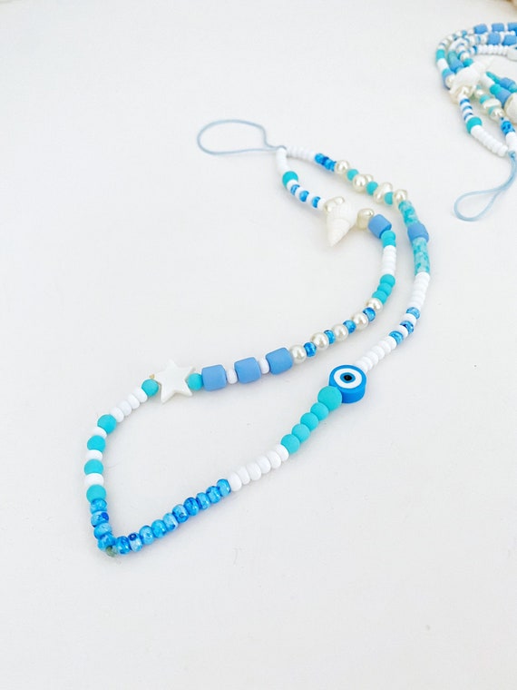 Evil Eye Phone Charm Strap Phone Landyard White Blue Beaded