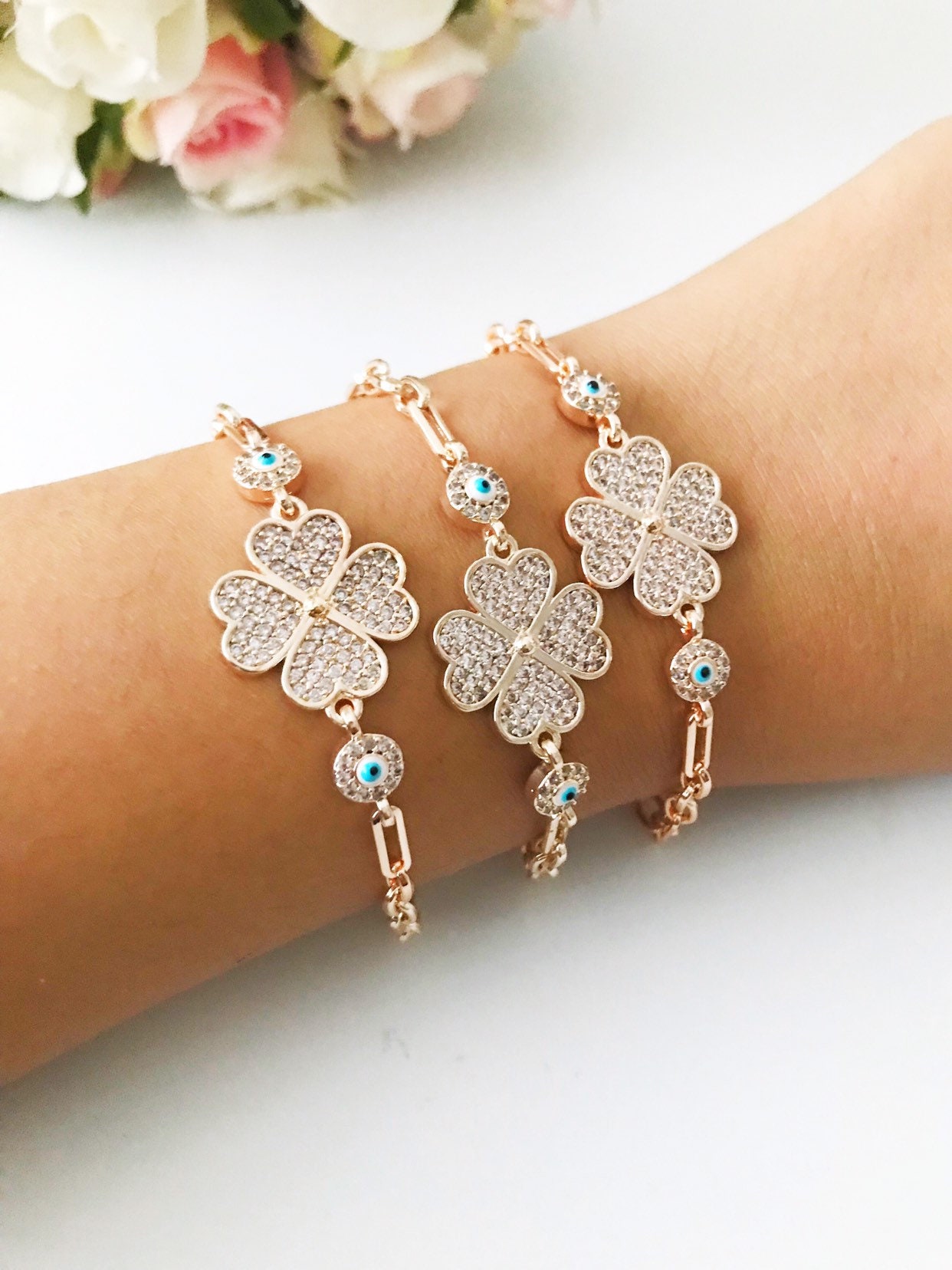 Rose Gold Chain Bracelet, Evil Eye Clover Charm Bracelet, Turkish Jewelry Blue