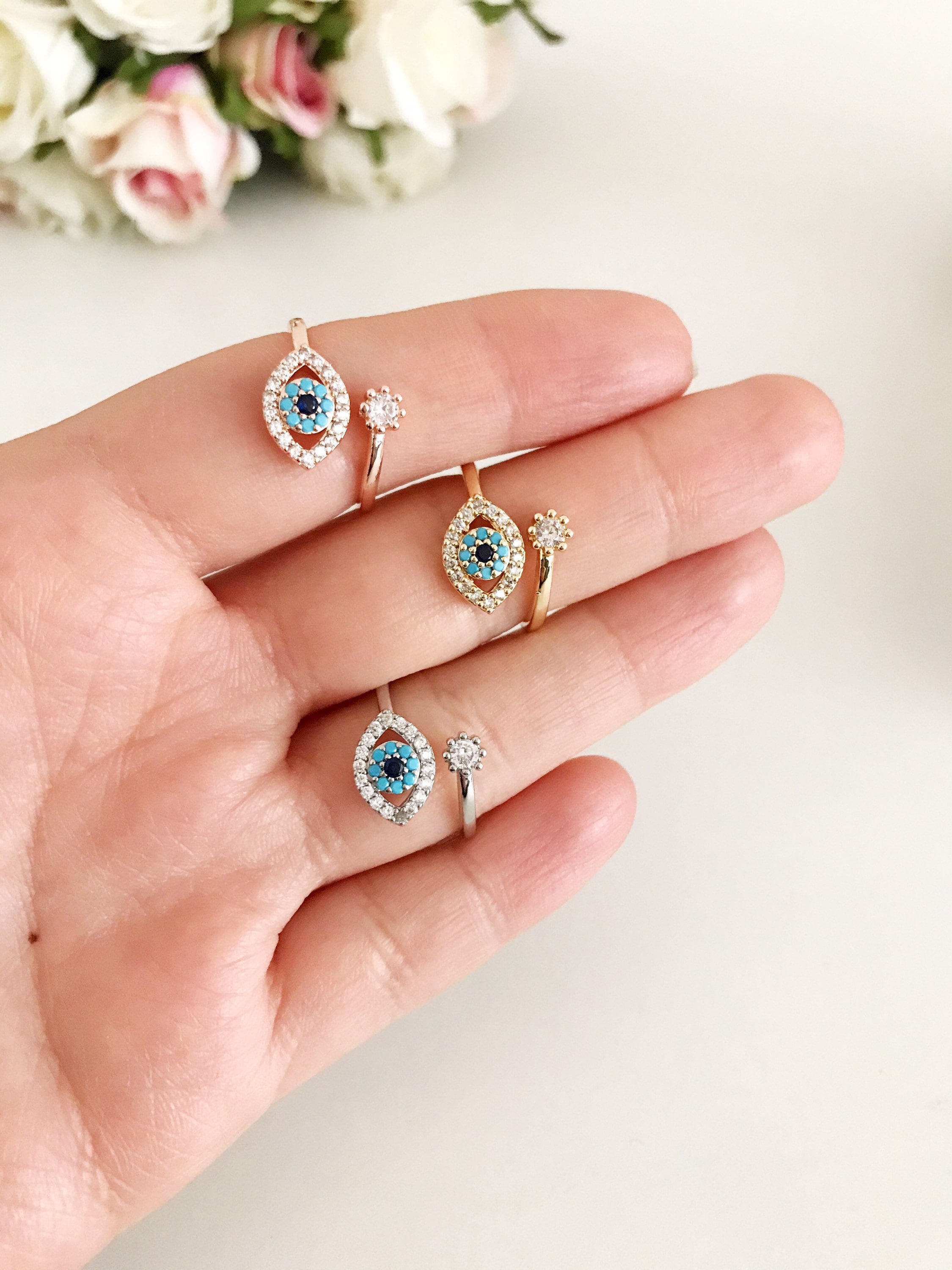 Evil Eye Ring Set, Gold Adjustable Ring, Turkish Evil Eye – Evileyefavor